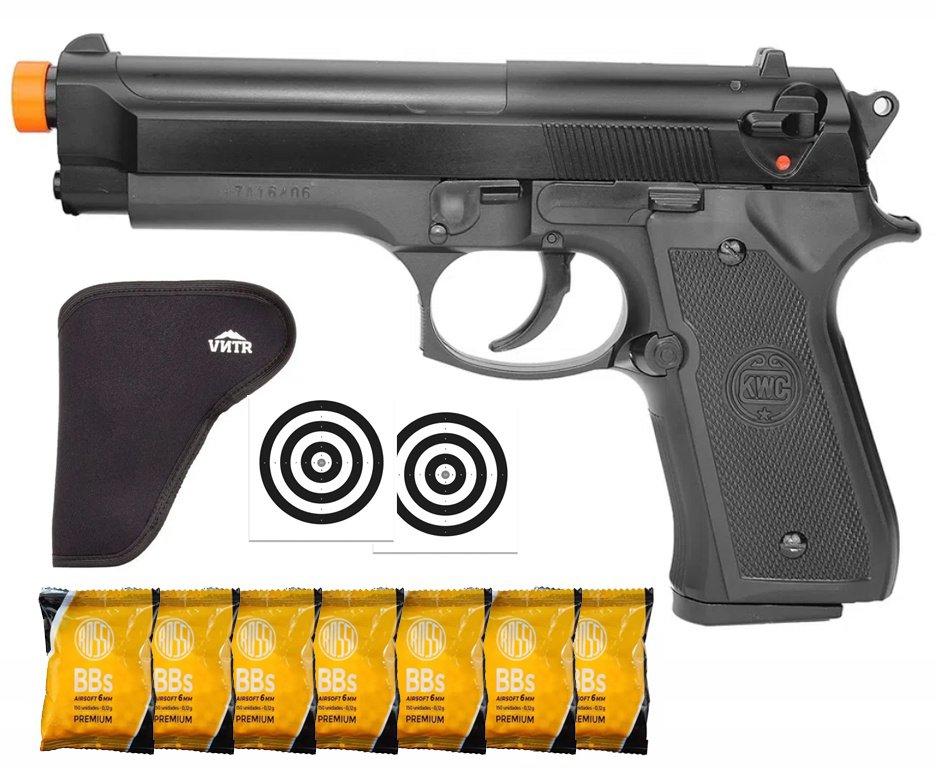 Pistola De Airsoft Beretta M92 Spring Cal 6.0 Mm Kwc + Coldre + BBS + Alvos