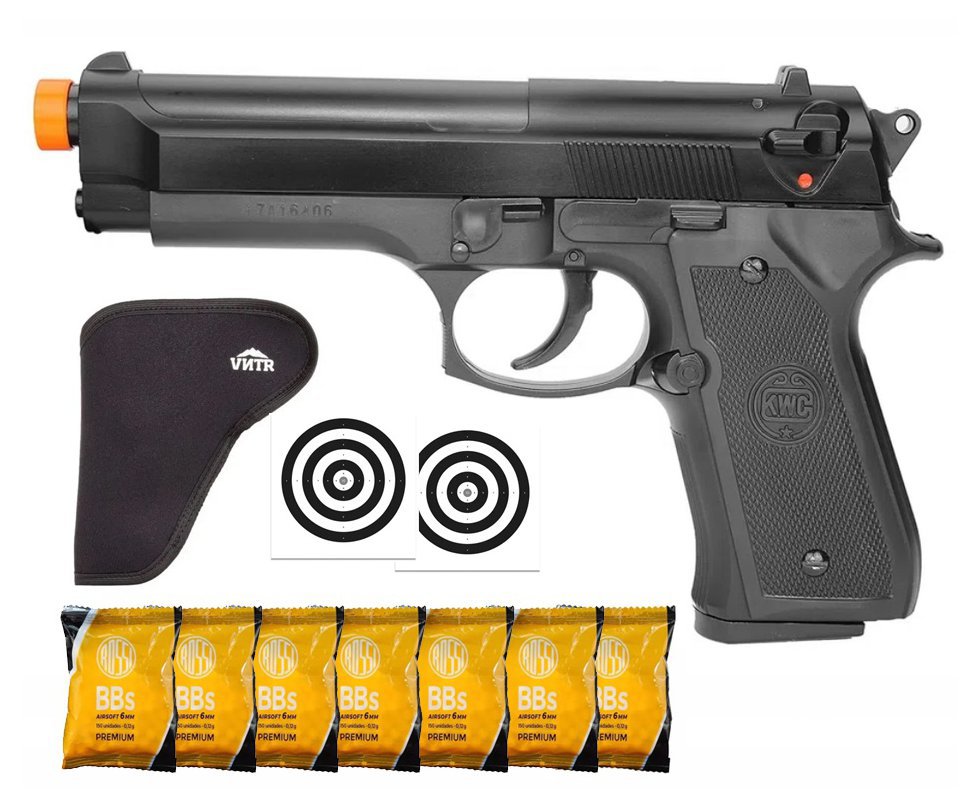 Pistola De Airsoft Beretta M92 Spring Cal 6.0 Mm Kwc + Coldre + BBS + Alvos