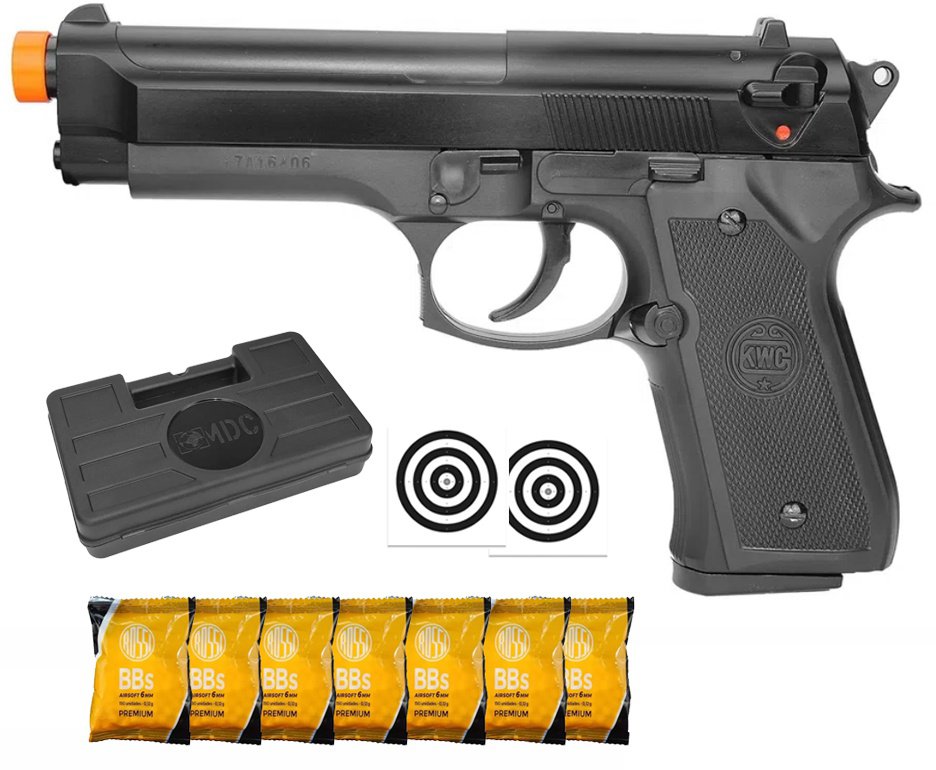 Pistola De Airsoft Beretta M92 Spring Cal 6.0 Mm Kwc + Case +  Coldre + BBS + Alvos