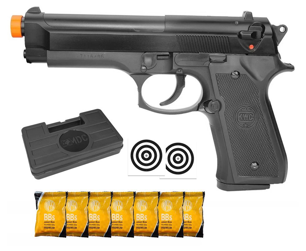 Pistola De Airsoft Beretta M92 Spring Cal 6.0 Mm Kwc + Case + Coldre + BBS + Alvos