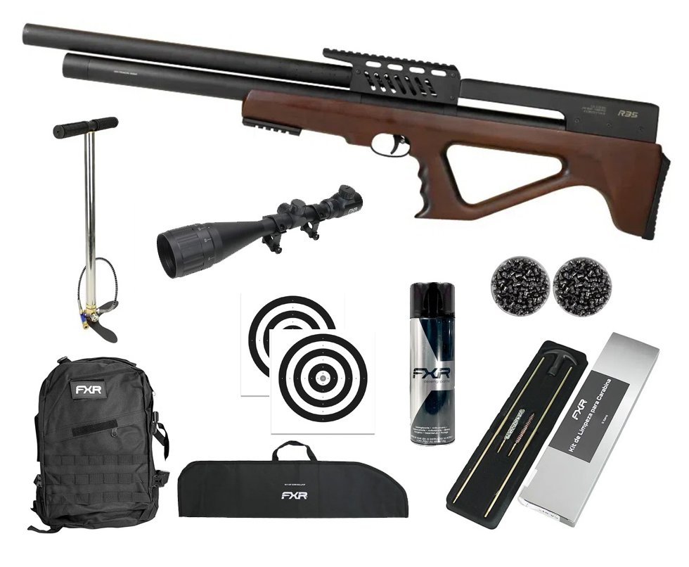Carabina de Pressão PCP R35 Bullpup Madeira 6,35mm - Rossi + Bomba + Capa + Chumbo + Alvos + Luneta 4-16x50 + Kit Limpeza + Desengripante/Anticorrosivo + Mochila Tática