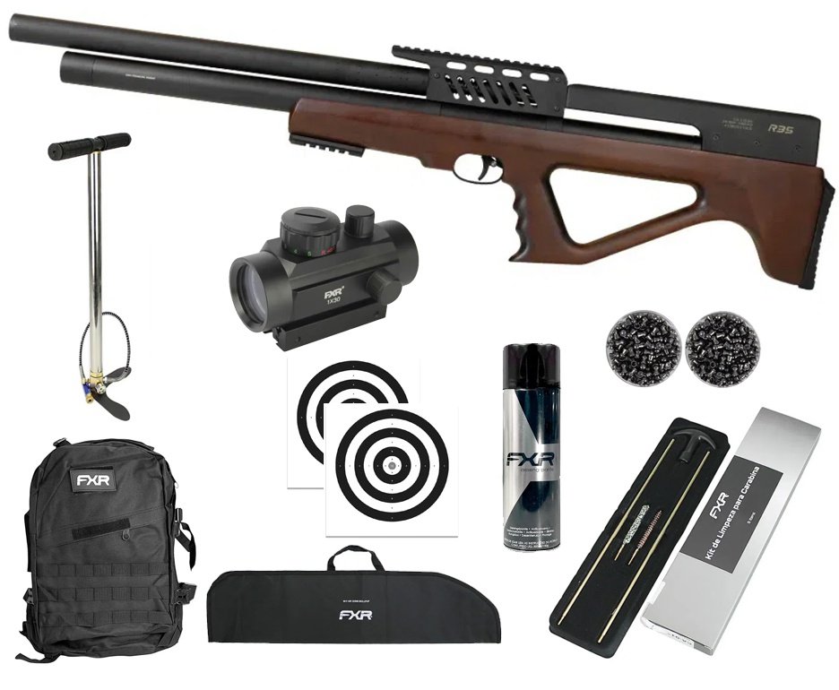 Carabina de Pressão PCP R35 Bullpup Madeira 6,35mm - Rossi + Bomba + Capa + Chumbo + Alvos + Red Dot 1x30 + Kit Limpeza + Desengripante/Anticorrosivo + Mochila Tática