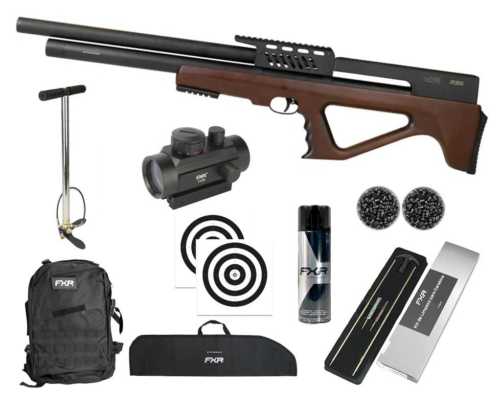 Carabina de Pressão PCP R35 Bullpup Madeira 6,35mm - Rossi + Bomba + Capa + Chumbo + Alvos + Red Dot 1x30 + Kit Limpeza + Desengripante/Anticorrosivo + Mochila Tática