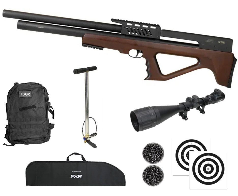 Carabina de Pressão PCP R35 Bullpup Madeira 6,35mm - Rossi + Bomba + Capa + Chumbo + Alvos + Luneta 4-16x50 + Mochila Tática