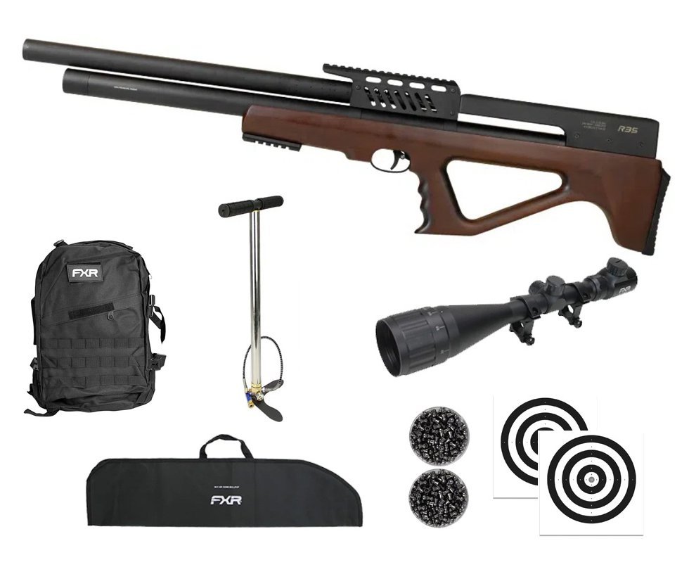 Carabina de Pressão PCP R35 Bullpup Madeira 6,35mm - Rossi + Bomba + Capa + Chumbo + Alvos + Luneta 4-16x50 + Mochila Tática