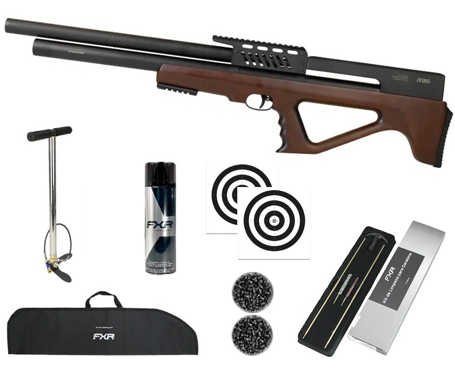 Carabina de Pressão PCP R35 Bullpup Madeira 6,35mm - Rossi + Bomba + Capa + Chumbo + Alvos + Kit Limpeza + Desengripante/Anticorrosivo