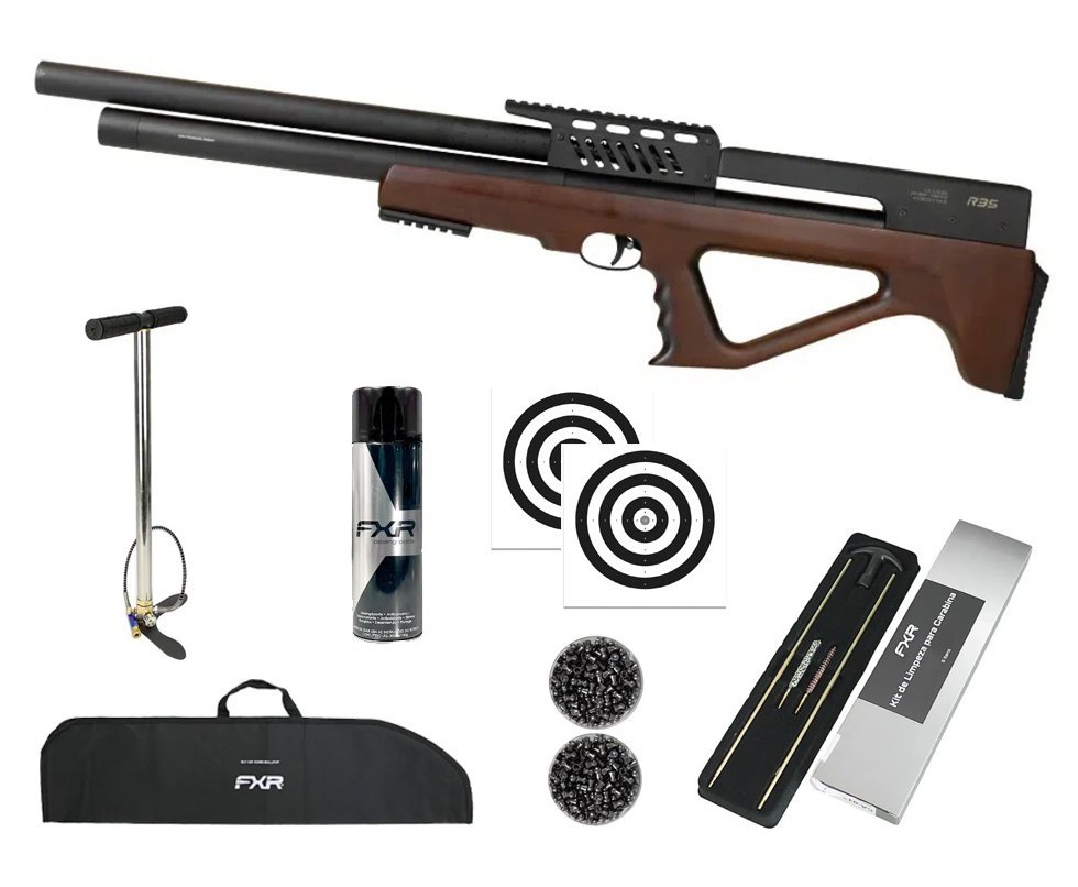 Carabina de Pressão PCP R35 Bullpup Madeira 6,35mm - Rossi + Bomba + Capa + Chumbo + Alvos + Kit Limpeza + Desengripante/Anticorrosivo