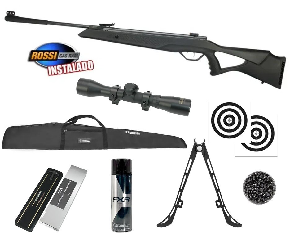 Carabina de Pressão R1000 6,35mm Gás Ram - Rossi + Capa + Luneta 4x32 + Chumbo + Alvos + Bipé + Desengripante / Anticorrosivo + Kit Limpeza
