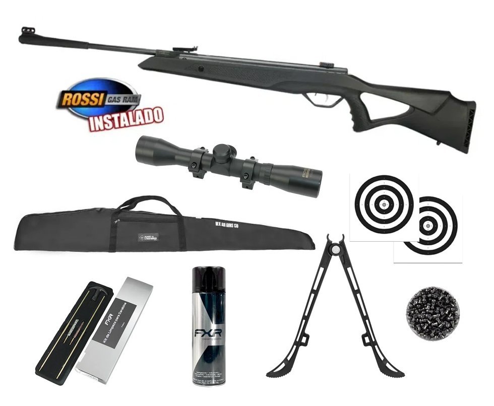 Carabina de Pressão R1000 6,35mm Gás Ram - Rossi + Capa + Luneta 4x32 + Chumbo + Alvos + Bipé + Desengripante / Anticorrosivo + Kit Limpeza
