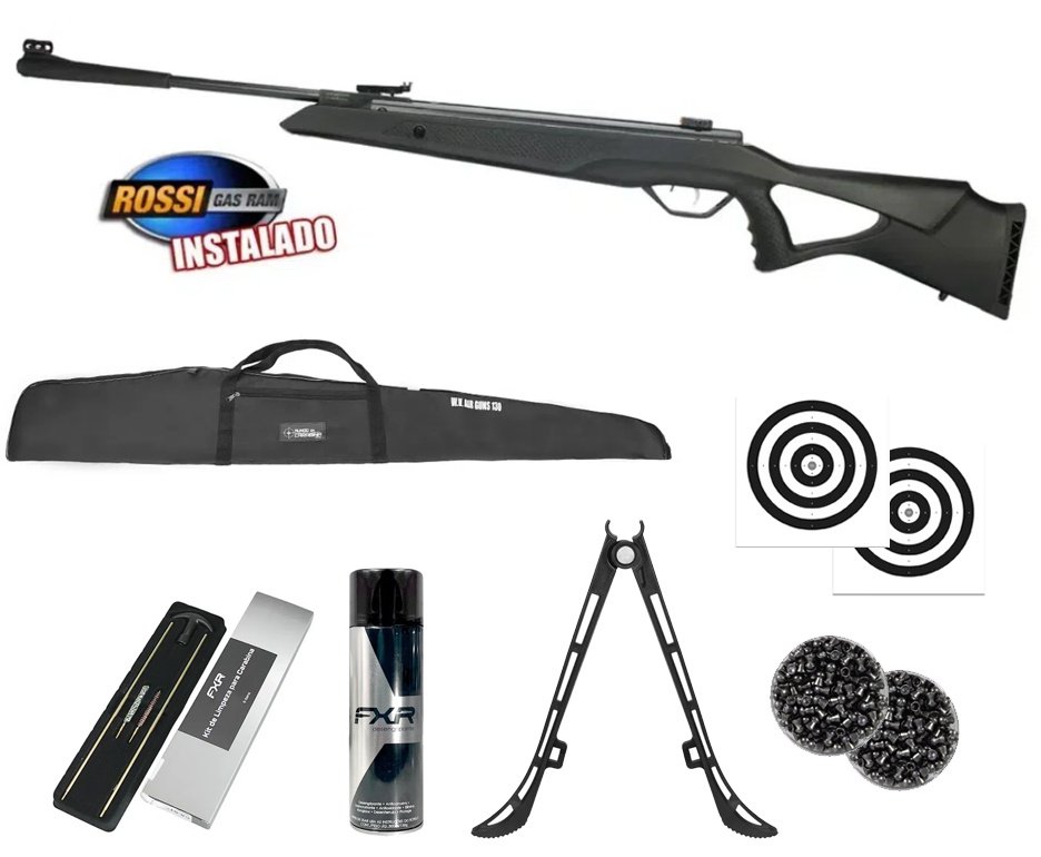 Carabina de Pressão R1000 6,35mm Gás Ram - Rossi + Capa + Chumbo + Alvos + Bipé + Desengripante / Anticorrosivo + Kit Limpeza