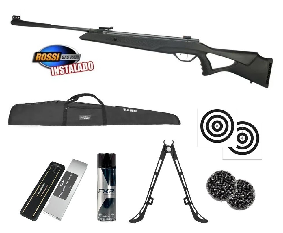 Carabina de Pressão R1000 6,35mm Gás Ram - Rossi + Capa + Chumbo + Alvos + Bipé + Desengripante / Anticorrosivo + Kit Limpeza