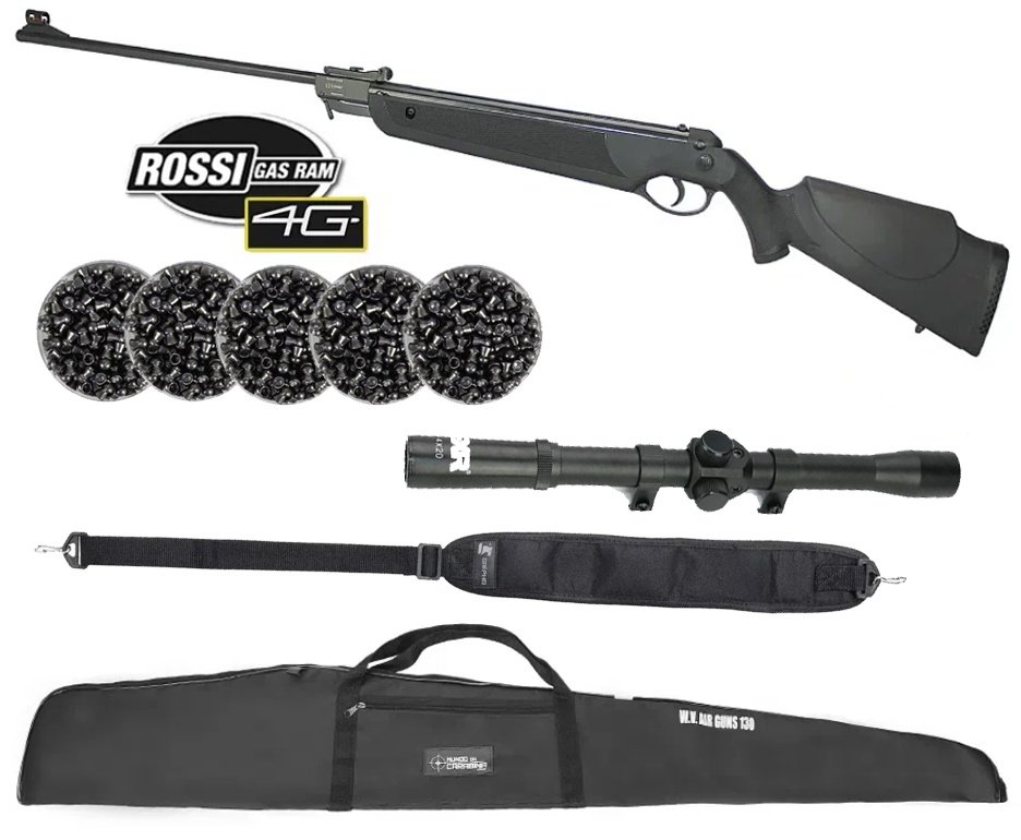 Carabina de Pressão Dione 4G 5,5mm Gas Ram 55kg Instalado - Rossi + Capa + Luneta 4x20 + Chumbos + Bandoleira