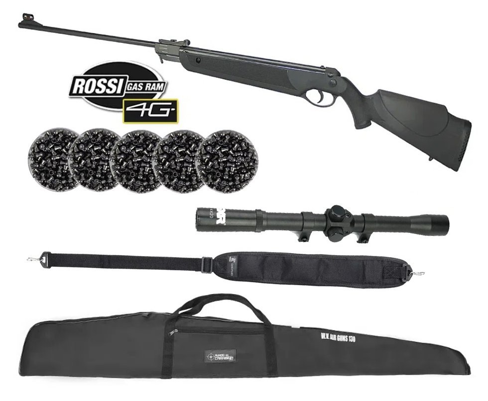 Carabina de Pressão Dione 4G 5,5mm Gas Ram 55kg Instalado - Rossi + Capa + Luneta 4x20 + Chumbos + Bandoleira
