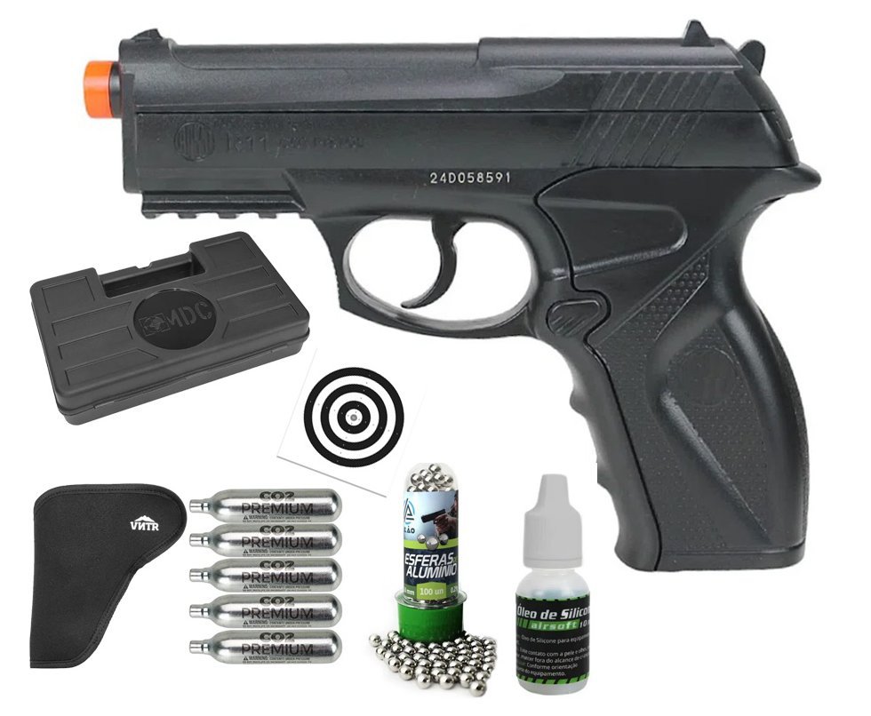 Pistola De Pressão Co2 C11 Esferas De Aço 6mm Wingun + Case + Alvos + BBS + Co2 + Coldre + Óleo de Silicone