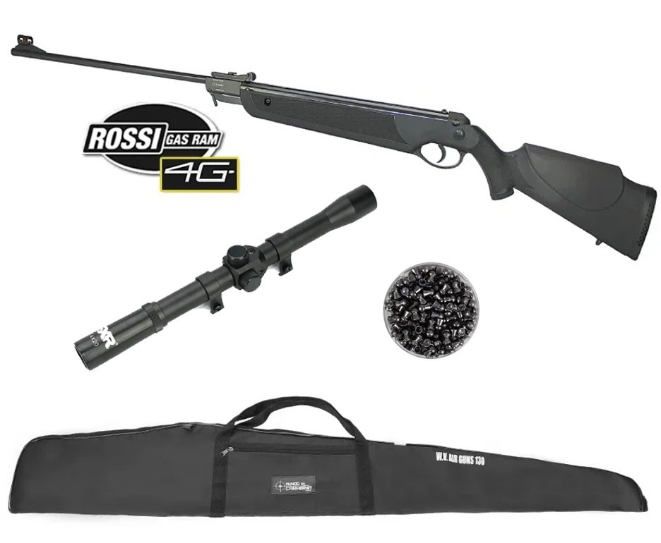 Carabina de Pressão Dione 4G 5,5mm Gas Ram 55kg Instalado - Rossi + Capa + Luneta 4x20 + Chumbo