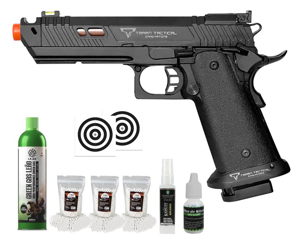 Pistola de Airsoft GBB 1911 Taran Tactical Double Bell Hi-Capa 30B JW4 Cal 6mm - FXR Arms + GBB + BBS + Alvos + Óleo de Silicone + Kamuff