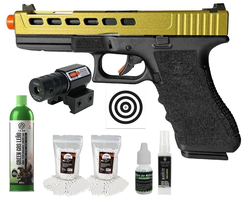 Pistola de Airsoft GBB Glock G17 Custom Double Bell 17/750 Dourado Cal 6mm - FXR Arms + GBB + BBS + Alvos + Óleo de Silicone + Kamuff + Laser
