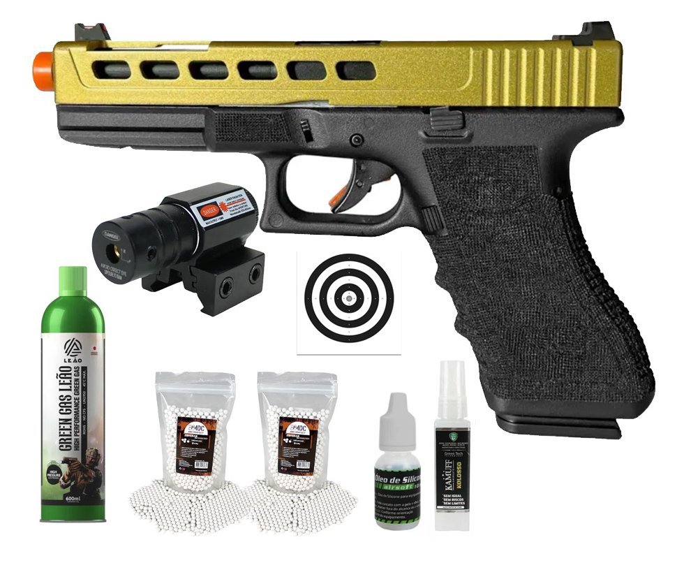 Pistola de Airsoft GBB Glock G17 Custom Double Bell 17/750 Dourado Cal 6mm - FXR Arms + GBB + BBS + Alvos + Óleo de Silicone + Kamuff + Laser