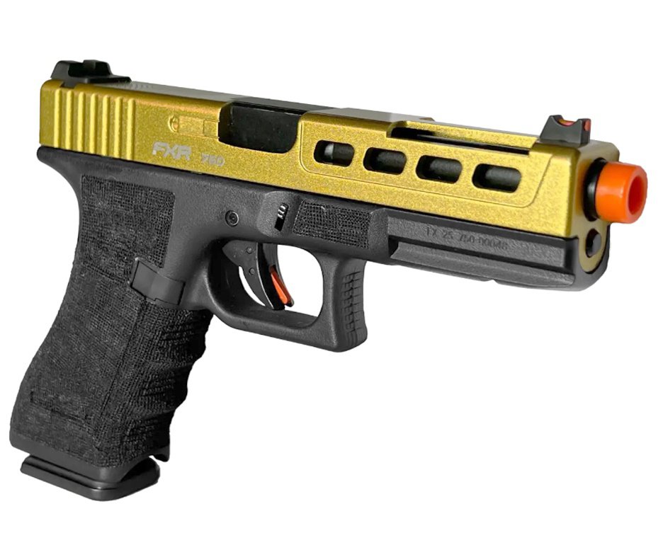 Pistola de Airsoft GBB Glock G17 Custom Double Bell 17/750 Dourado Cal 6mm - FXR Arms + GBB + BBS + Alvos + Óleo de Silicone + Kamuff + Laser