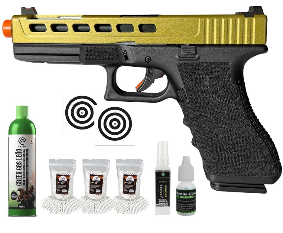 Pistola de Airsoft GBB Glock G17 Custom Double Bell 17/750 Dourado Cal 6mm - FXR Arms + GBB + BBS + Alvos + Óleo de Silicone + Kamuff