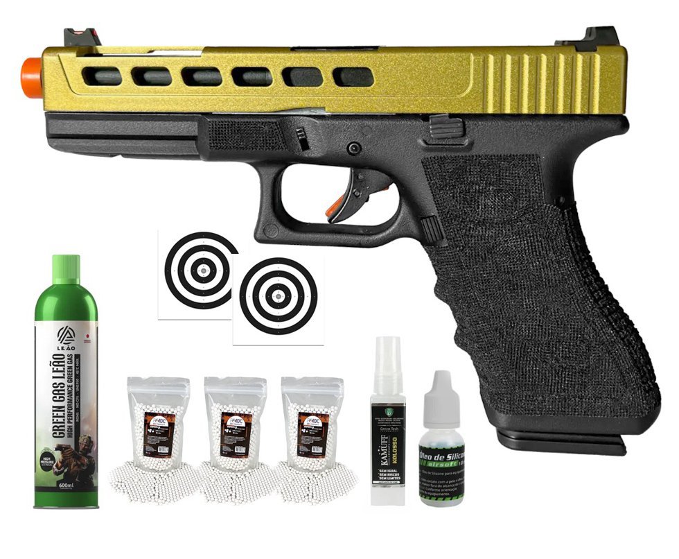 Pistola de Airsoft GBB Glock G17 Custom Double Bell 17/750 Dourado Cal 6mm - FXR Arms + GBB + BBS + Alvos + Óleo de Silicone + Kamuff