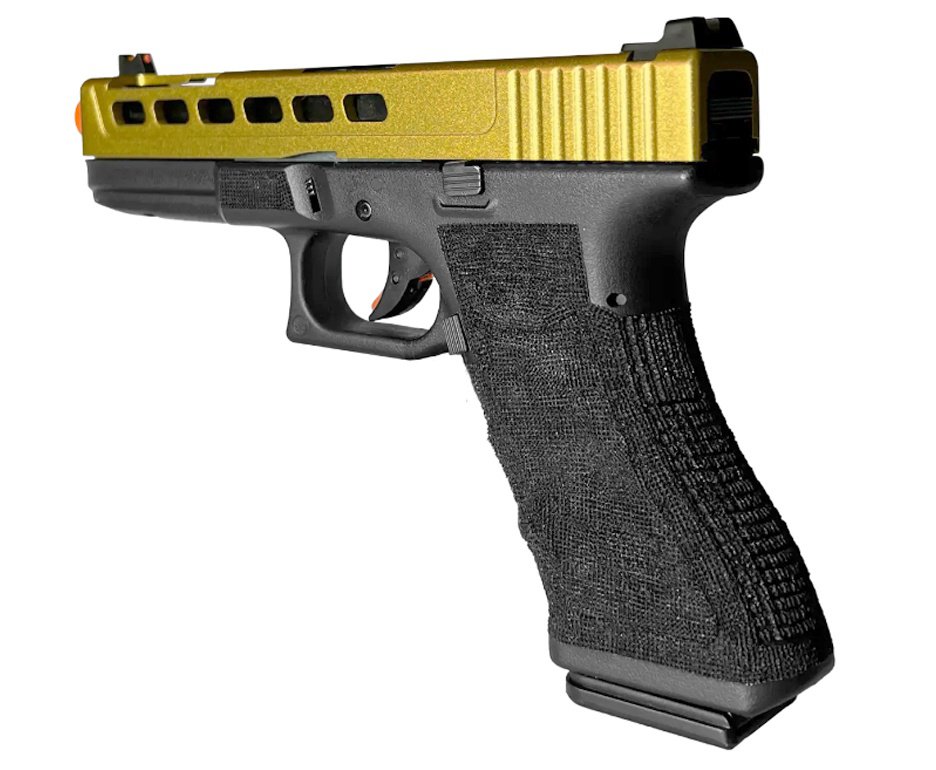 Pistola de Airsoft GBB Glock G17 Custom Double Bell 17/750 Dourado Cal 6mm - FXR Arms + GBB + BBS + Alvos + Óleo de Silicone + Kamuff