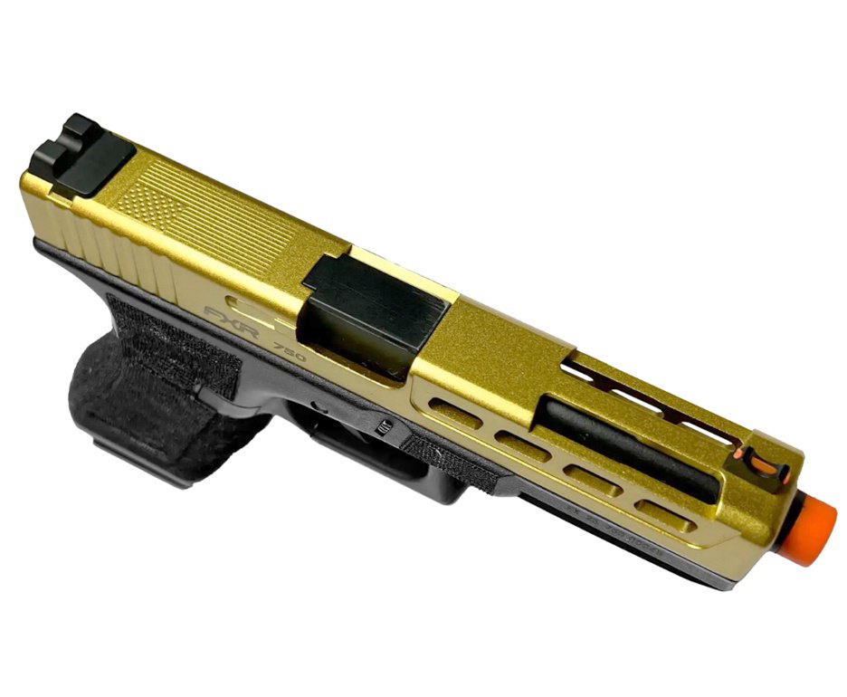Pistola de Airsoft GBB Glock G17 Custom Double Bell 17/750 Dourado Cal 6mm - FXR Arms + GBB + BBS + Alvos + Óleo de Silicone + Kamuff