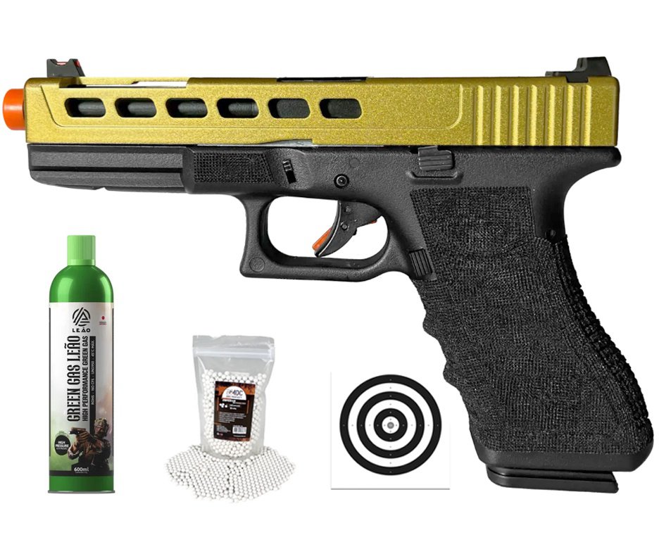 Pistola de Airsoft GBB Glock G17 Custom Double Bell 17/750 Dourado Cal 6mm - FXR Arms + GBB + BBS + Alvos