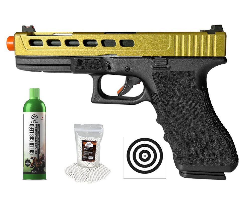 Pistola de Airsoft GBB Glock G17 Custom Double Bell 17/750 Dourado Cal 6mm - FXR Arms + GBB + BBS + Alvos