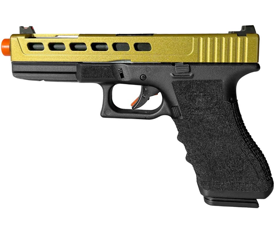 Pistola de Airsoft GBB Glock G17 Custom Double Bell 17/750 Dourado Cal 6mm - FXR Arms + GBB + BBS + Alvos