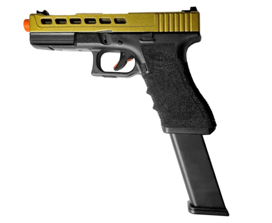 Pistola de Airsoft GBB Glock G17 Custom Double Bell 17/750 Dourado Cal 6mm - FXR Arms + GBB + BBS + Alvos