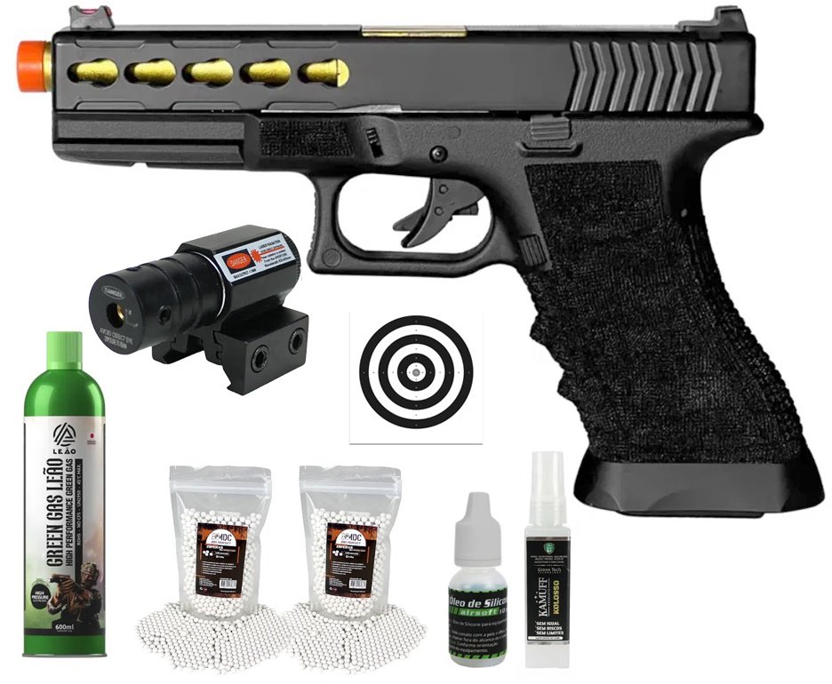 Pistola de Airsoft Gas GBB Glock G17 Custom Blowback Double Bell 747 6mm - FXR Arms + GBB + BBS + Alvos + Laser + Óleo de Silicone + Kamuff
