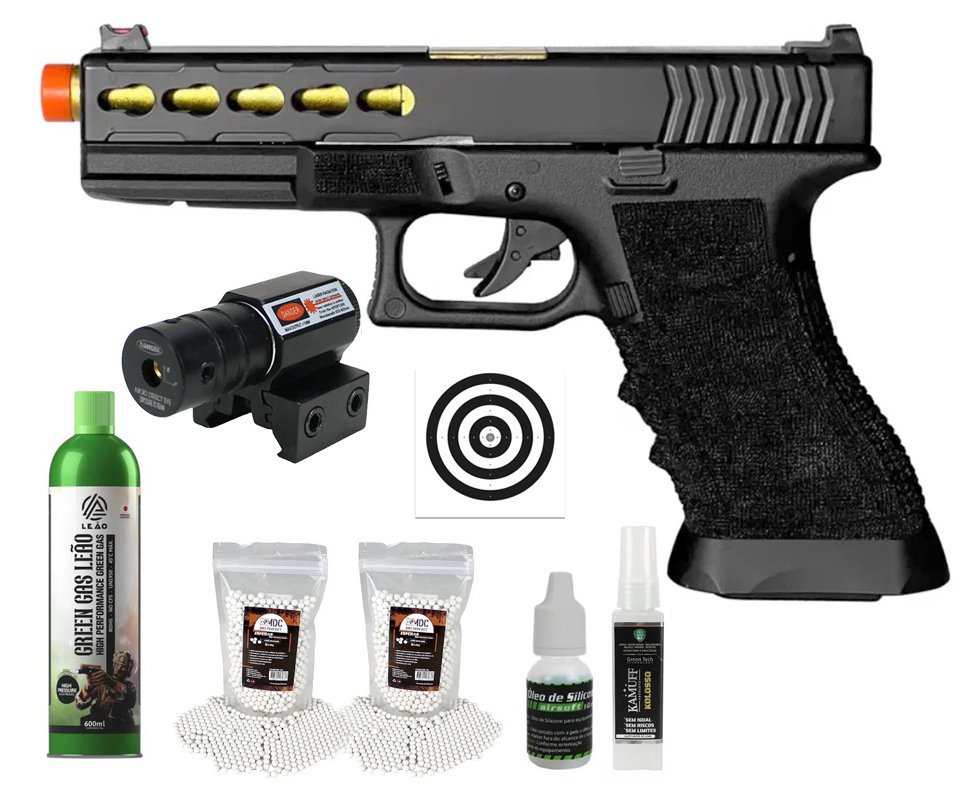 Pistola de Airsoft Gas GBB Glock G17 Custom Blowback Double Bell 747 6mm - FXR Arms + GBB + BBS + Alvos + Laser + Óleo de Silicone + Kamuff