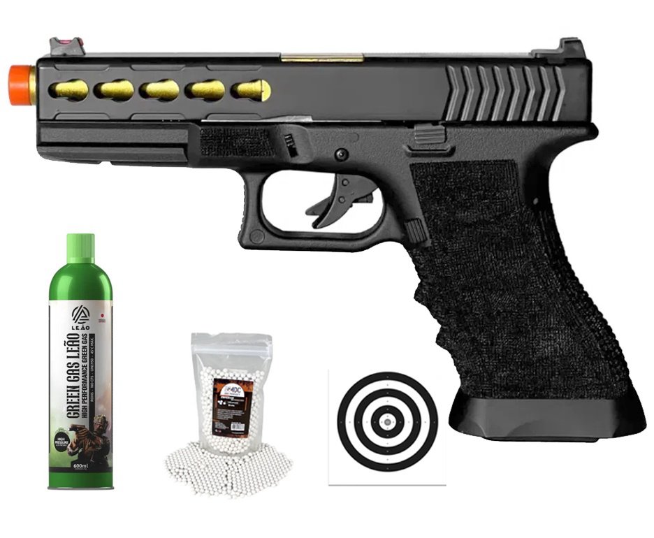 Pistola de Airsoft Gas GBB Glock G17 Custom Blowback Double Bell 747 6mm - FXR Arms + GBB + BBS + Alvos