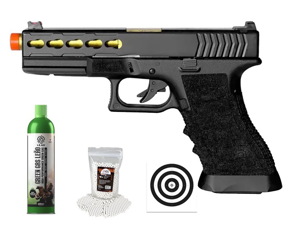 Pistola de Airsoft Gas GBB Glock G17 Custom Blowback Double Bell 747 6mm - FXR Arms + GBB + BBS + Alvos