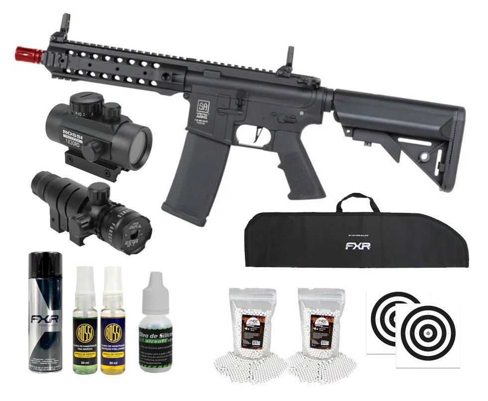 Rifle de Airsoft AEG SA-F01 Gen2 Black FLEX HAL ETU - Specna Arms + Capa + BBS + Alvos + Red Dot + Óleo + Laser + Desengripante / Anticorrosivo + Kit Fluidos