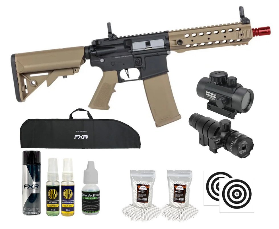 Rifle de Airsoft AEG SA-F01 gen2 Half Tan FLEX HAL ETU - Specna Arms + Capa + BBS + Alvos + Red Dot + Óleo + Laser + Desengripante / Anticorrosivo + Kit Fluidos