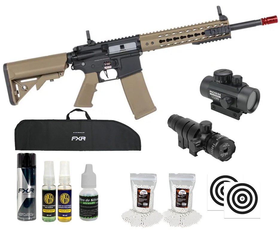 Rifle de Airsoft AEG SA-F02 Gen2 Half Tan FLEX HAL ETU - Specna Arms + Capa + BBS + Alvos + Red Dot + Óleo + Laser + Desengripante / Anticorrosivo + Kit Fluidos