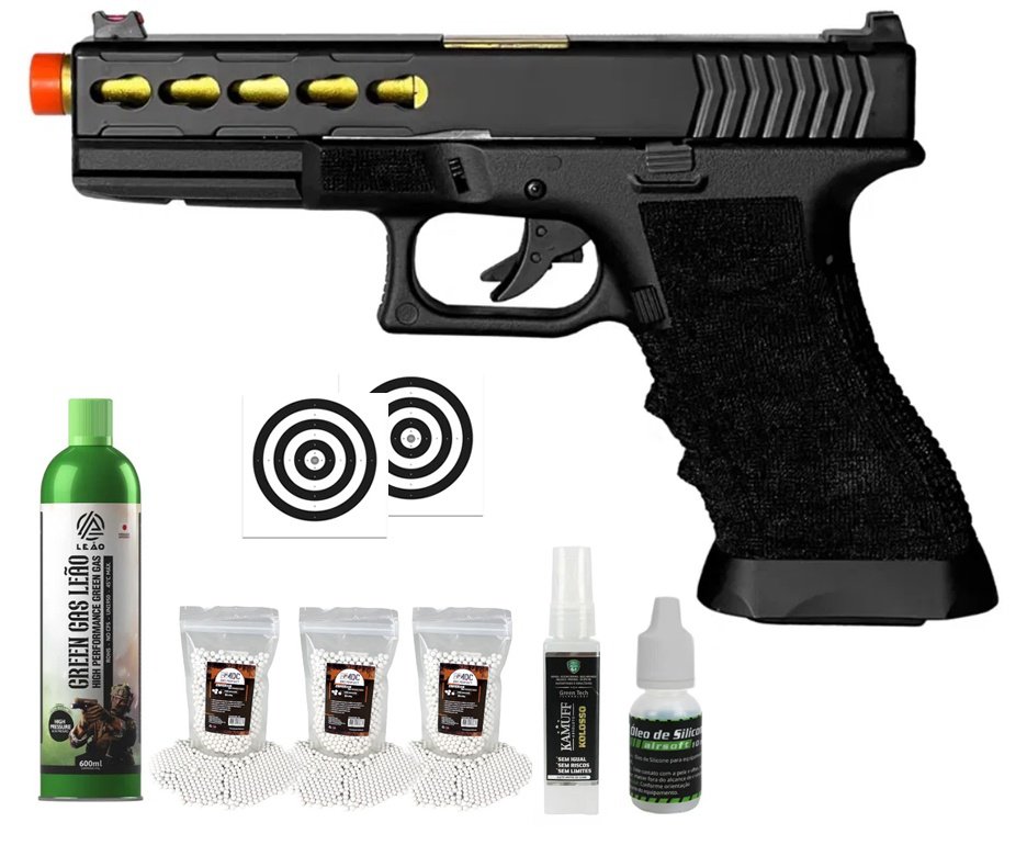 Pistola de Airsoft Gas GBB Glock G17 Custom Blowback Double Bell 747 6mm - FXR Arms + GBB + BBS + Alvos + Óleo de Silicone + Kamuff