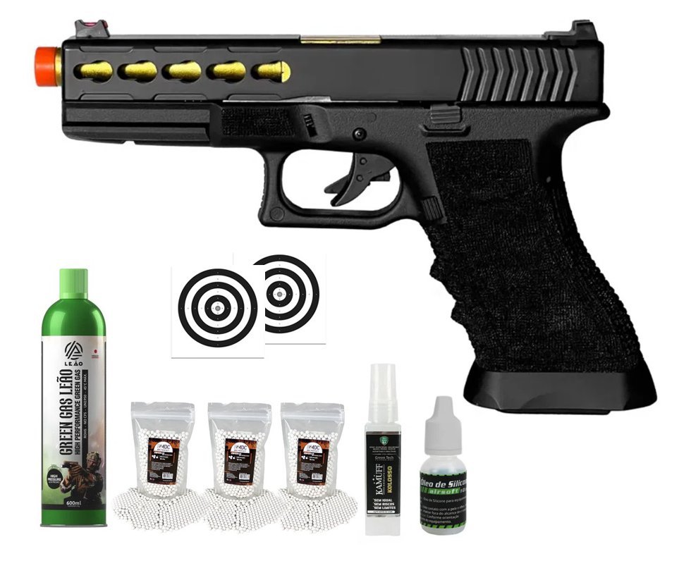 Pistola de Airsoft Gas GBB Glock G17 Custom Blowback Double Bell 747 6mm - FXR Arms + GBB + BBS + Alvos + Óleo de Silicone + Kamuff