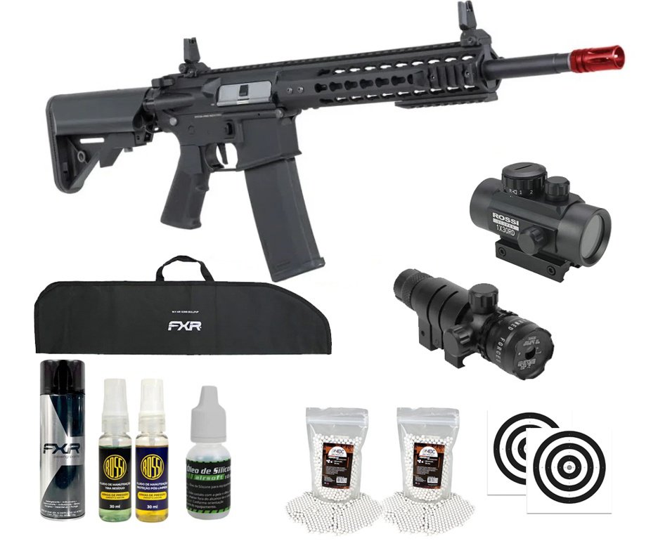 Rifle de Airsoft AEG SA-F02 Gen2 Black FLEX HAL ETU - Specna Arms + Capa + BBS + Alvos + Red Dot + Óleo + Laser + Desengripante / Anticorrosivo + Kit Fluidos