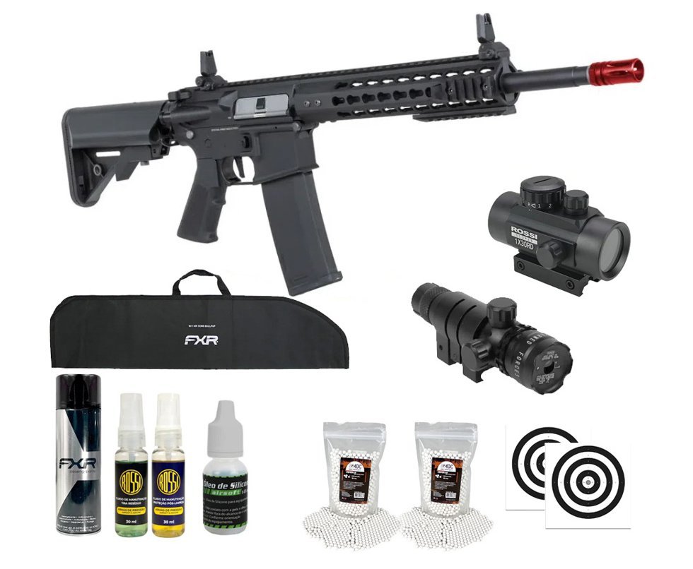 Rifle de Airsoft AEG SA-F02 Gen2 Black FLEX HAL ETU - Specna Arms + Capa + BBS + Alvos + Red Dot + Óleo + Laser + Desengripante / Anticorrosivo + Kit Fluidos