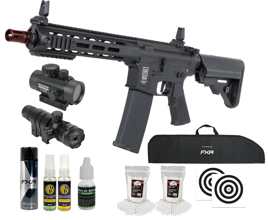 Rifle de Airsoft AEG SA-F03 Gen2 Black FLEX HAL ETU - Specna Arms + Capa + BBS + Alvos + Red Dot + Óleo + Laser + Desengripante / Anticorrosivo + Kit Fluidos