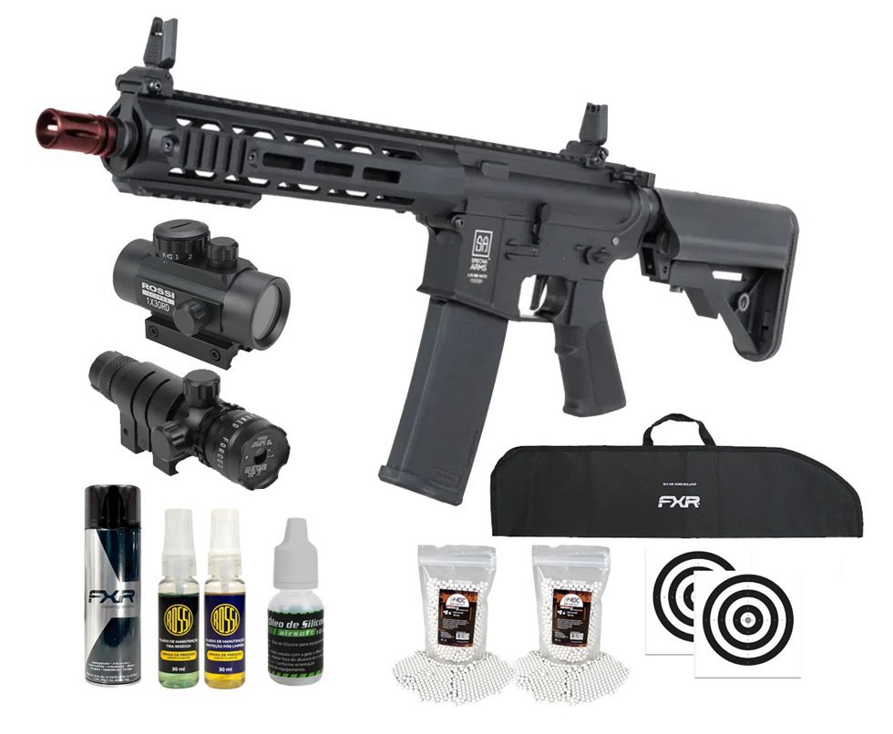 Rifle de Airsoft AEG SA-F03 Gen2 Black FLEX HAL ETU - Specna Arms + Capa + BBS + Alvos + Red Dot + Óleo + Laser + Desengripante / Anticorrosivo + Kit Fluidos