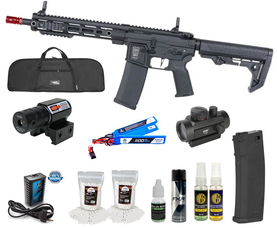 Rifle de Airsoft SA-F05 Black FLEX HAL ETU Gen 2 - Specna Arms + Capa + BBS + Alvos + Red Dot + Óleo + Laser + Desengripante / Anticorrosivo + Kit Fluidos