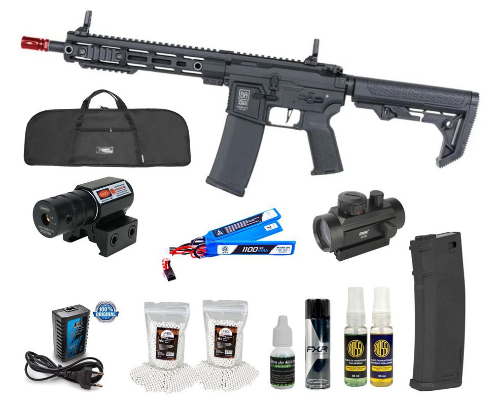 Rifle de Airsoft SA-F05 Black FLEX HAL ETU Gen 2 - Specna Arms + Capa + BBS + Alvos + Red Dot + Óleo + Laser + Desengripante / Anticorrosivo + Kit Fluidos