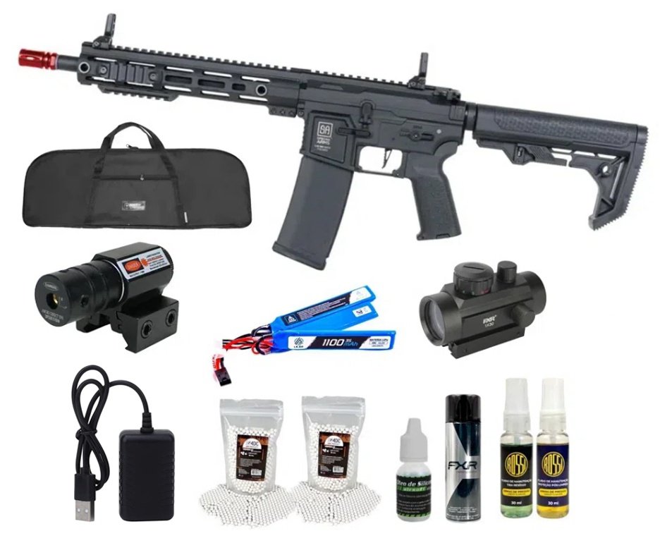 Rifle de Airsoft SA-F05 Black FLEX HAL ETU Gen 2 - Specna Arms + Capa + BBS + Alvos + Red Dot + Óleo + Laser + Desengripante / Anticorrosivo + Kit Fluidos