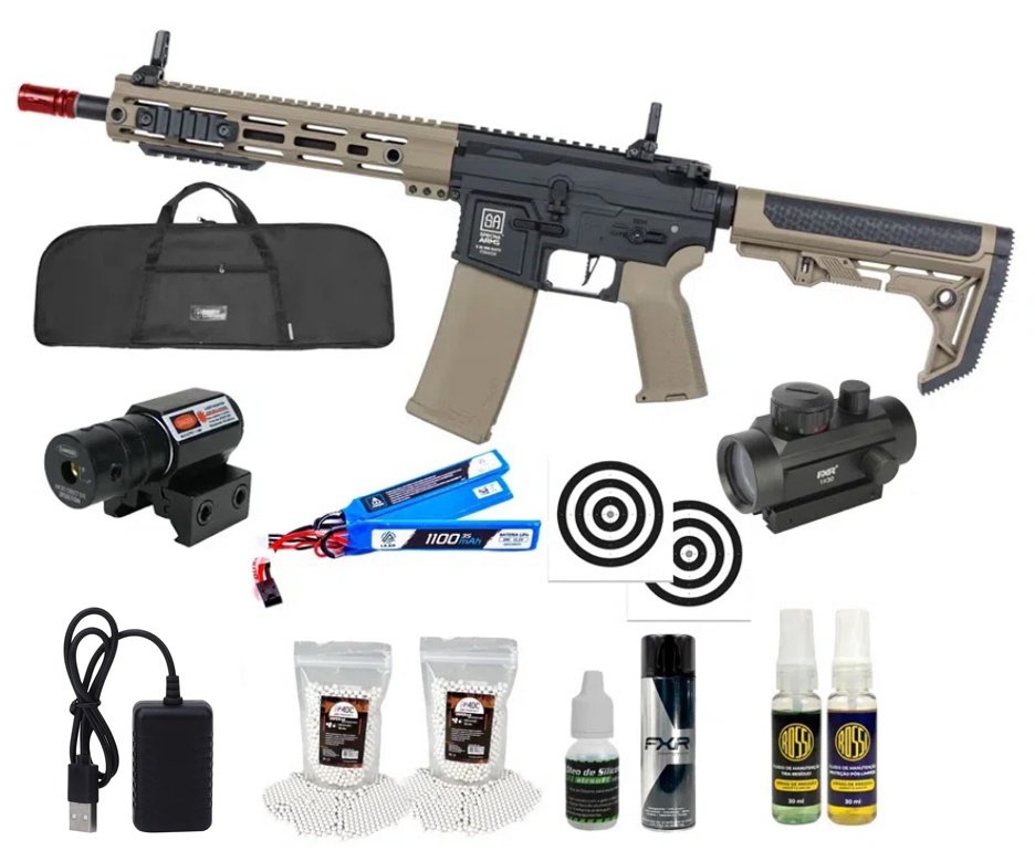 Rifle de Airsoft AEG SA-F05 Half Tan FLEX HAL ETU Gen 2 - Specna Arms + Capa + BBS + Alvos + Red Dot + Óleo + Laser + Desengripante / Anticorrosivo + Kit Fluidos + Kit de Limpeza