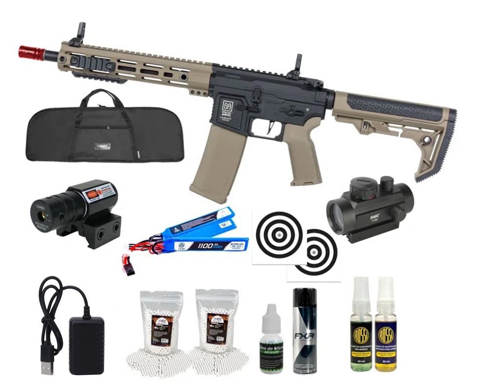 Rifle de Airsoft AEG SA-F05 Half Tan FLEX HAL ETU Gen 2 - Specna Arms + Capa + BBS + Alvos + Red Dot + Óleo + Laser + Desengripante / Anticorrosivo + Kit Fluidos + Kit de Limpeza