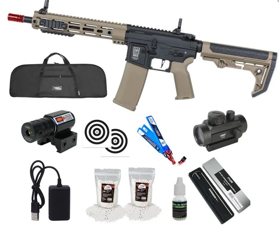 Rifle de Airsoft AEG SA-F05 Half Tan FLEX HAL ETU Gen 2 - Specna Arms + Capa + BBS + Alvos + Red Dot + Óleo + Laser + Kit de Limpeza